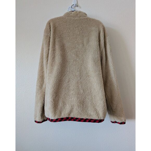 Cozy Sherpa Fleece Pullover Plaid Trim Quarter-Button Collar w/ Pockets - Picture 3 of 10